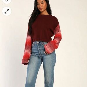NEW Lulus Women Sweater Medium Burgundy Ombre Toasty Temps Color Block Crop